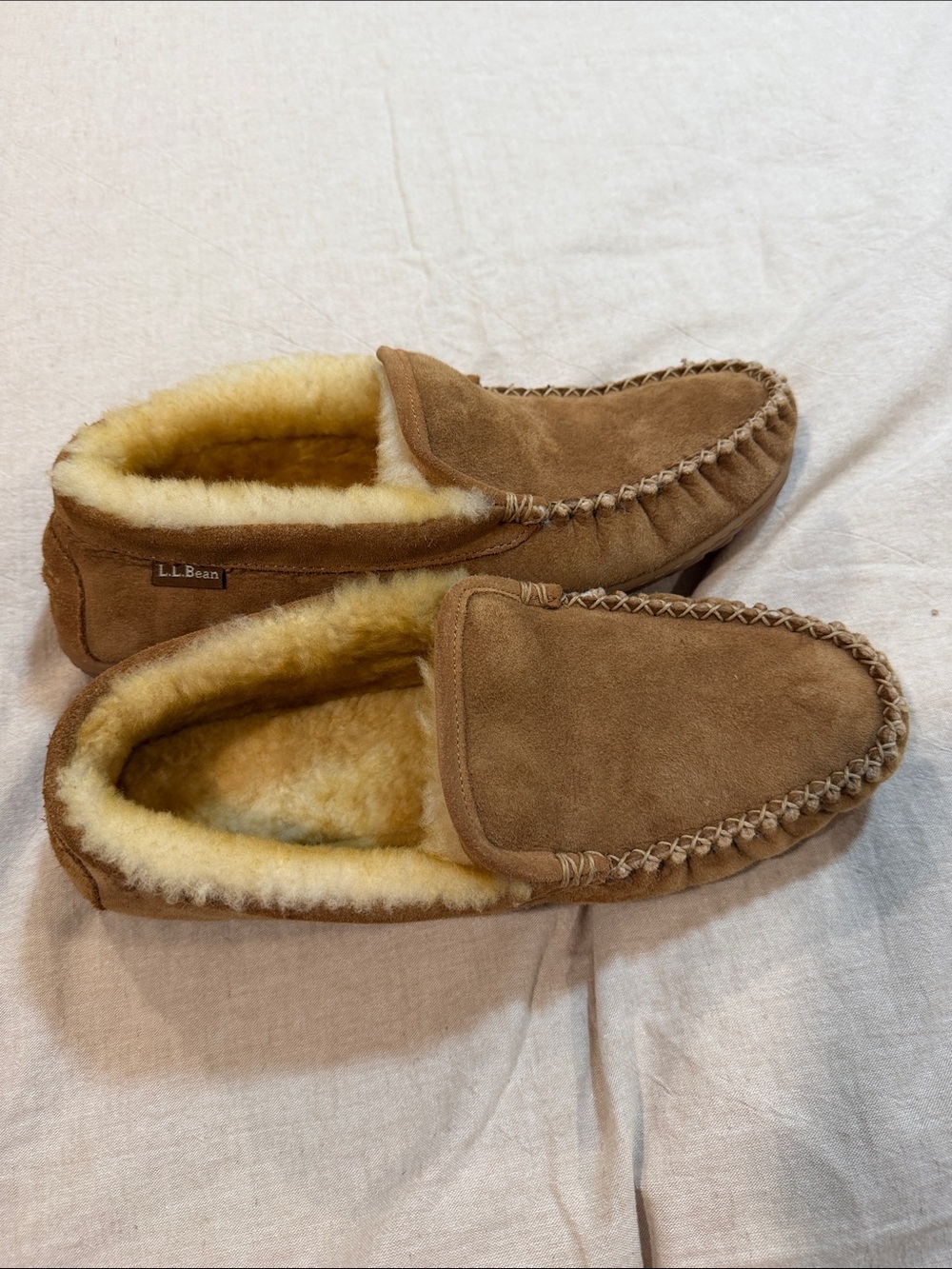 L.L. Bean Chestnut Brown Suede Shearling-Lined Moccasin Slippers